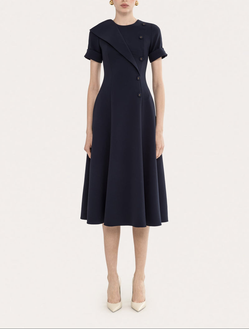 Navy Short Sleeve A-Line Midi Dress with Button Detail