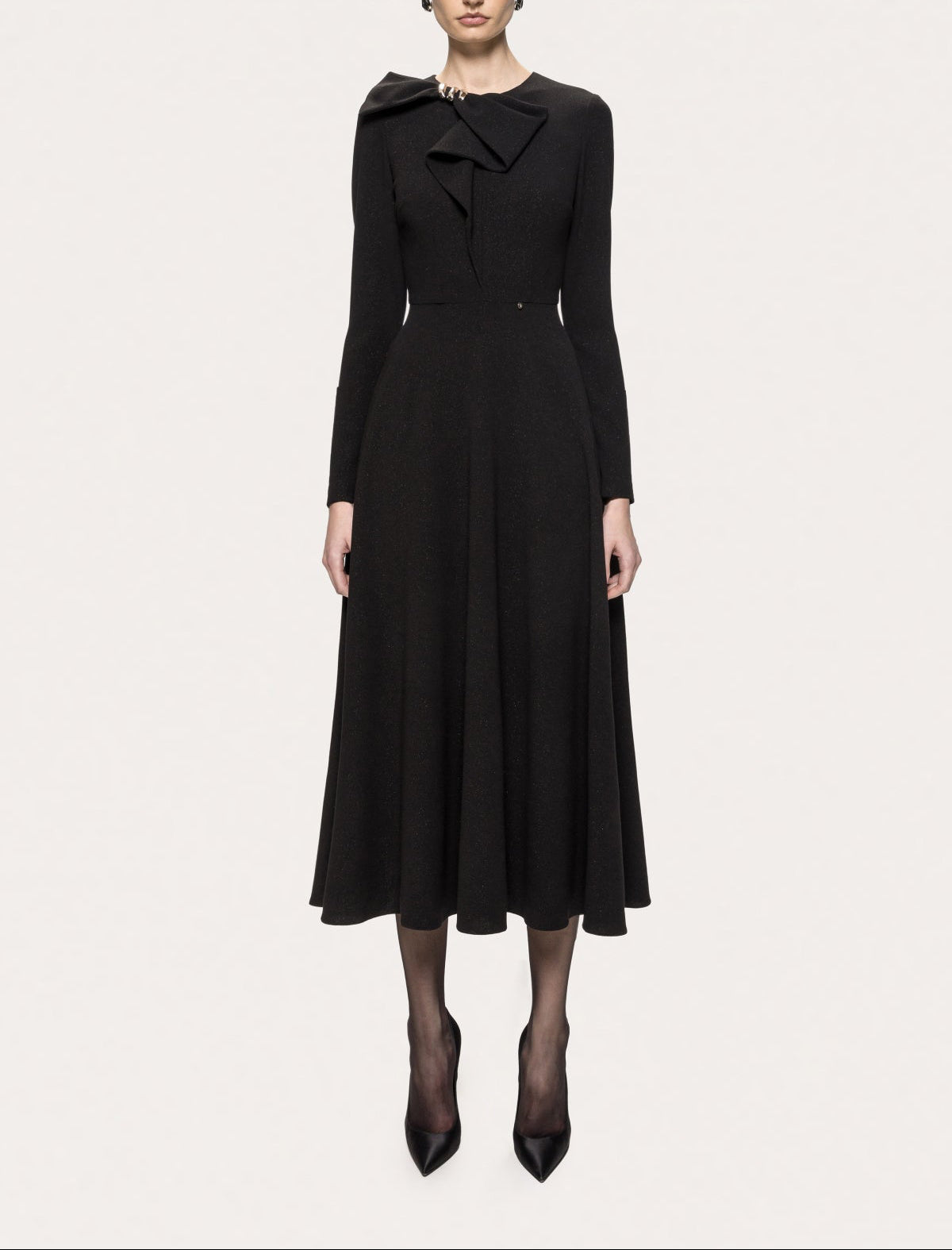 NISSA black lurex midi dress with long sleeves, a round neckline, an oversized bow and a flared skirt