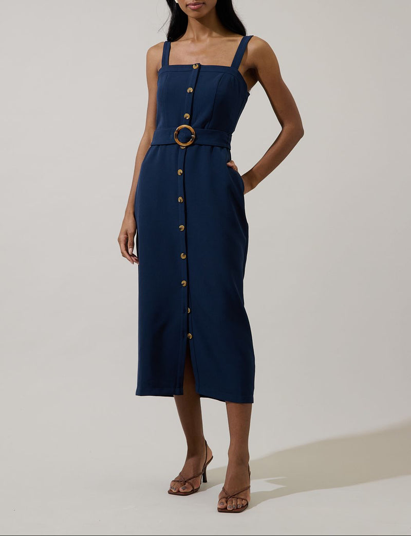 Camady Square Neck Sleeveless Belted Midi Dress in Dark Navy