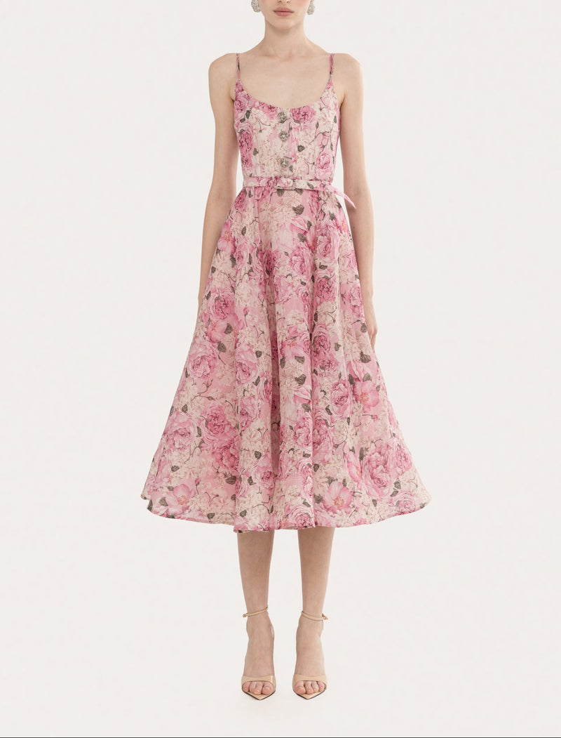 Pink Floral Linen-Silk Fit-and-Flare Midi Dress with Belt