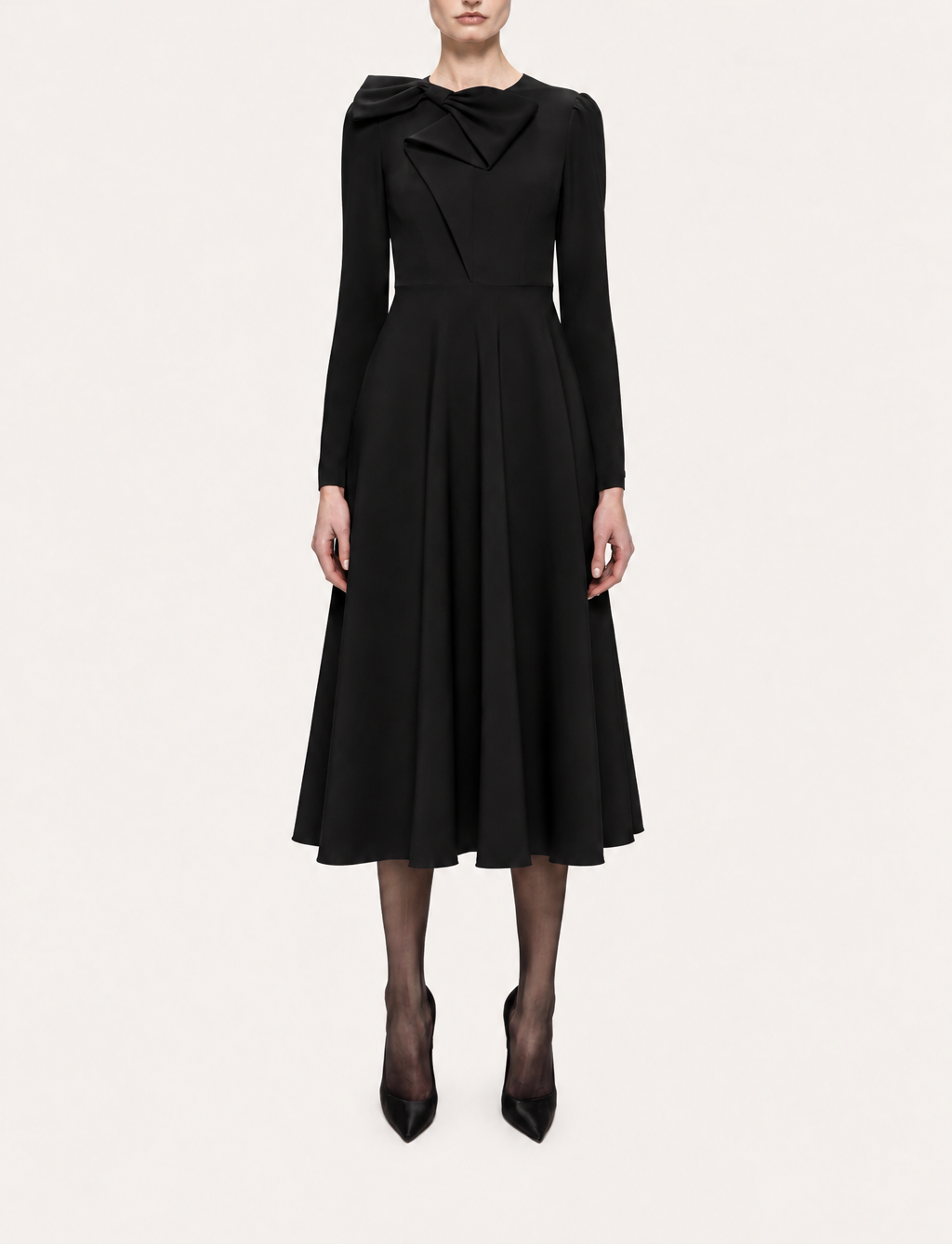NISSA black bow-neck A-line midi dress with fitted bodice and long sleeves