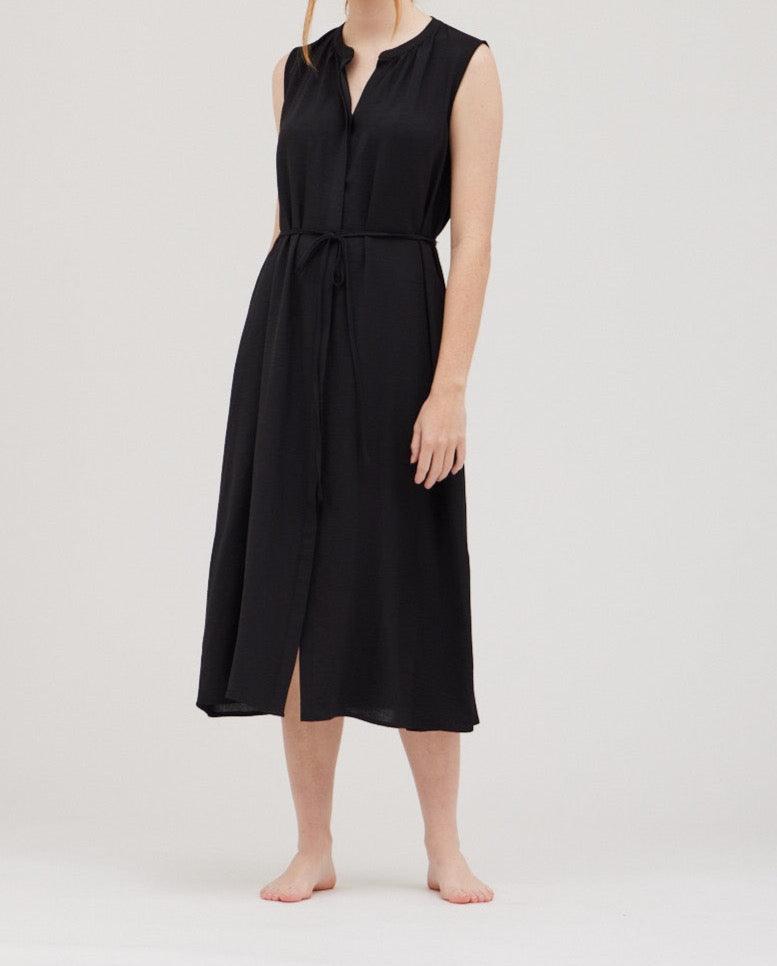 Grade & Gather black split-neck midi dress with a waist tie and sleeveless cut