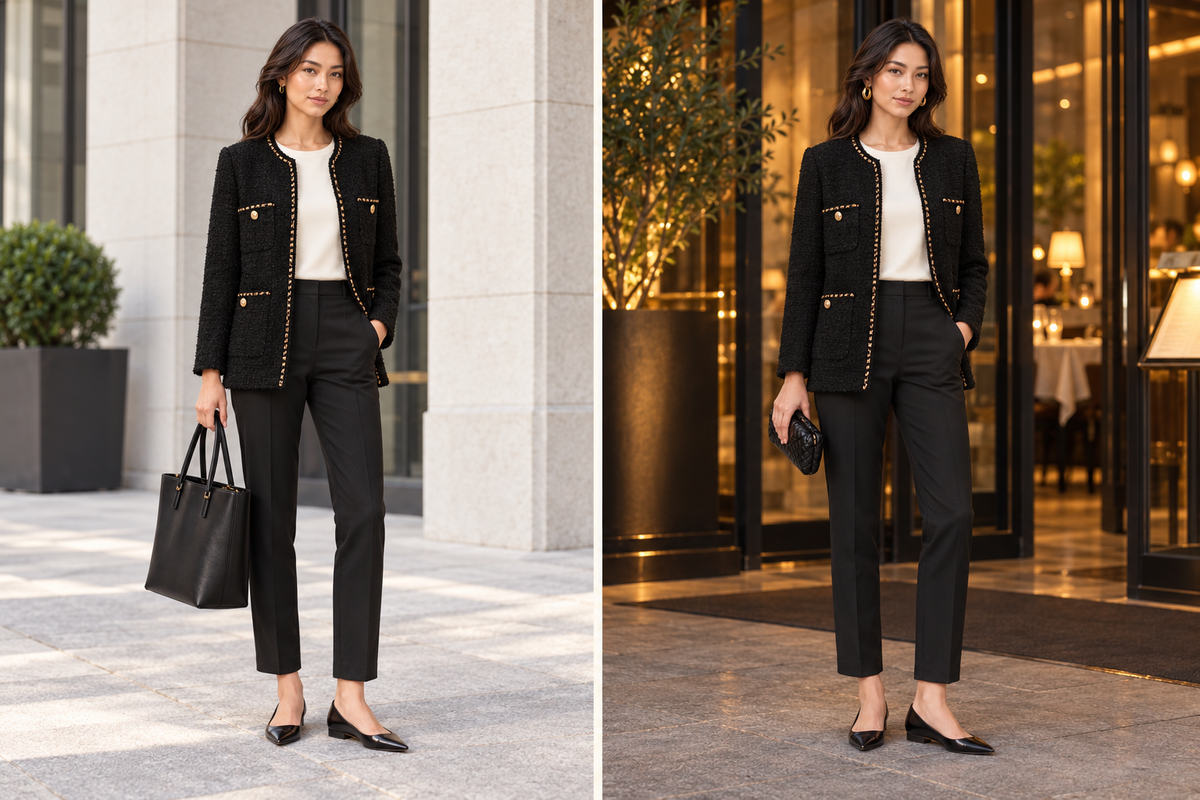 From desk to dinner: a black tweed jacket styled with trousers and flats for work and evening.