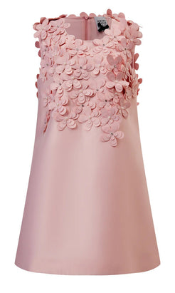 Front view of pink 3D floral A-line dress by Edward Achour Paris with embellished appliqué details and sleeveless round neckline