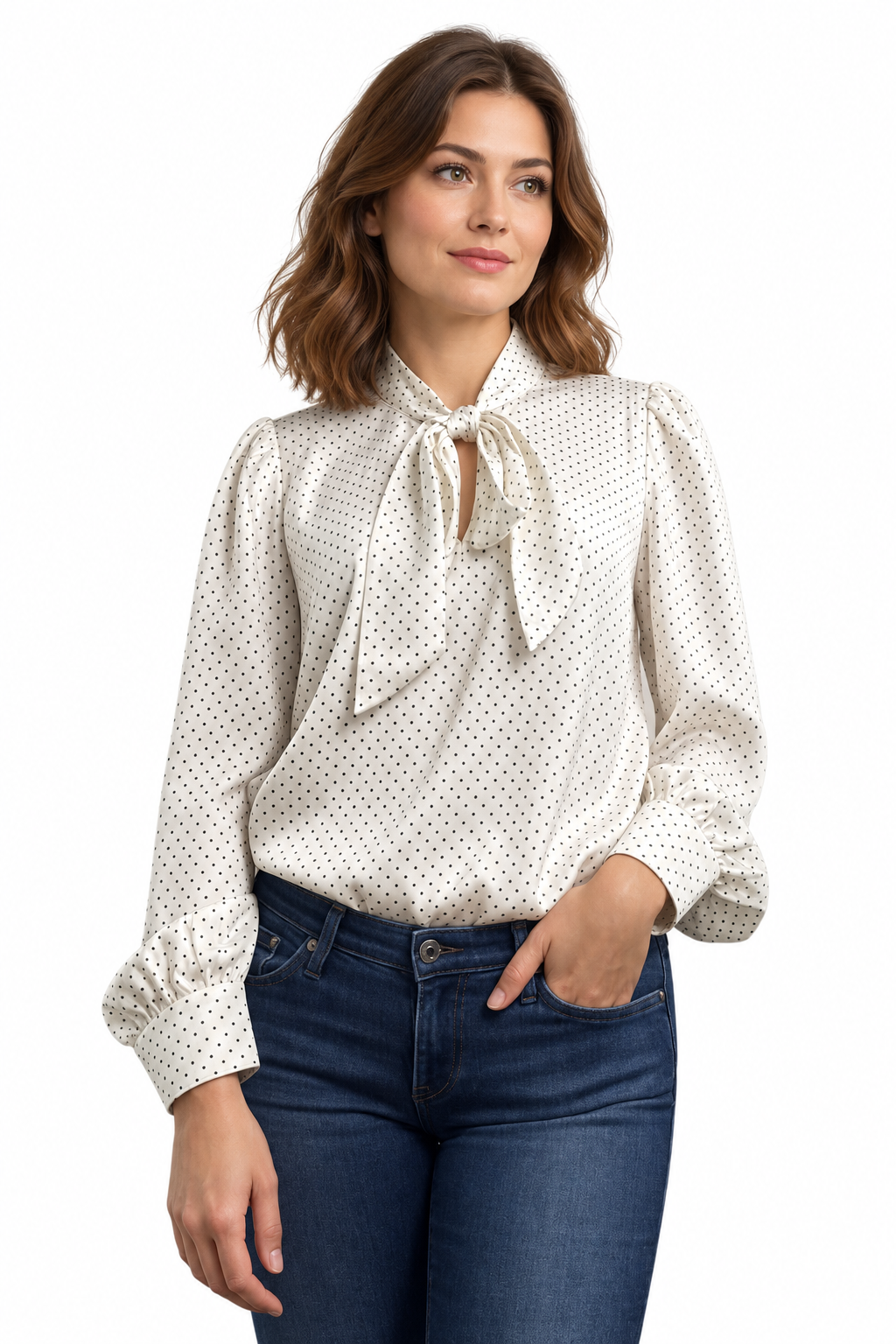 Allie Rose ivory pin-dot satin blouse with a tie-neck bow and keyhole front, tucked into dark jeans.