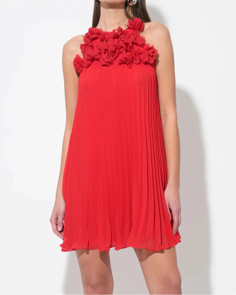 red halter mini dress side view pleated
