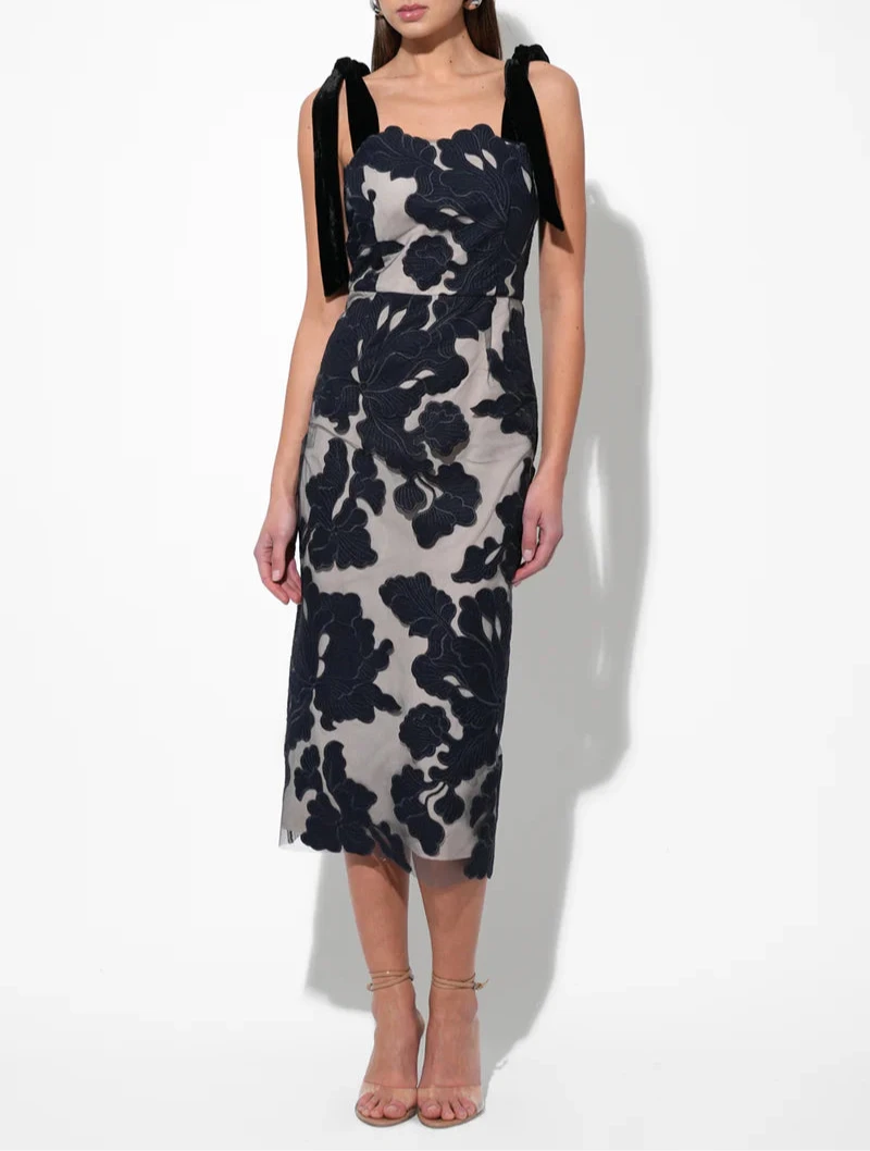 Floral applique tie-strap midi dress in navy on nude mesh with sweetheart neckline and column silhouette — elegant cocktail & wedding-guest look at BTK COLLECTIONS.