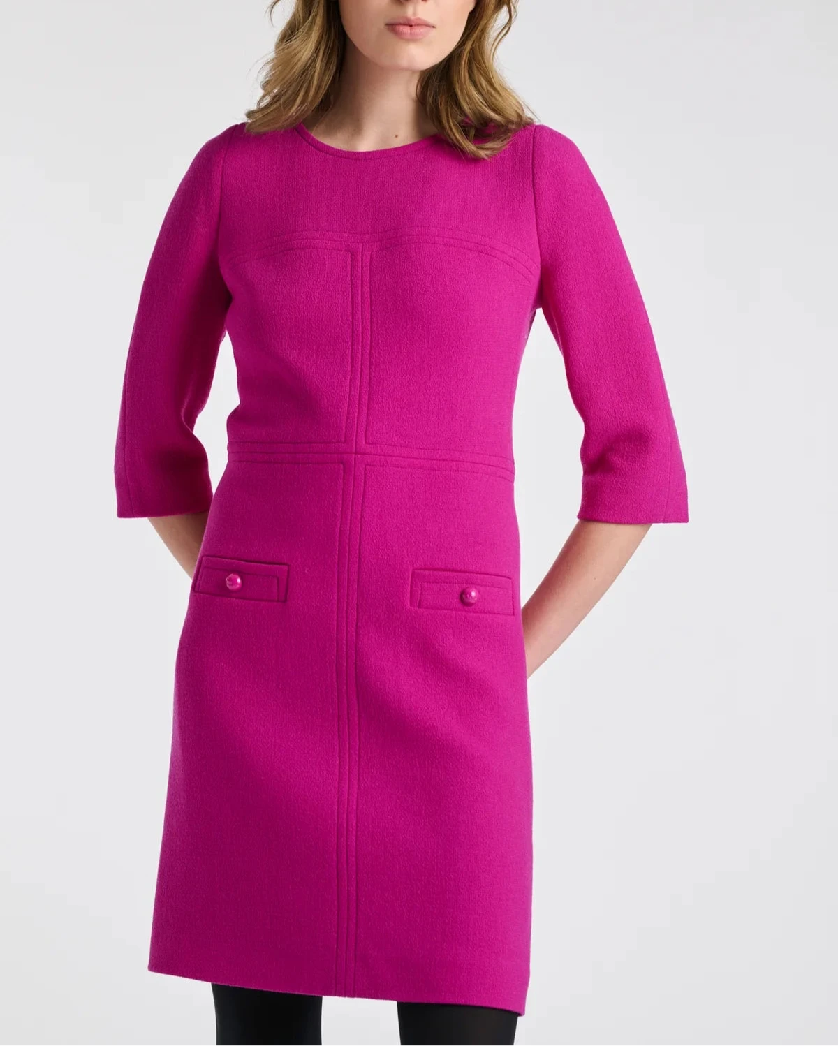 Fuchsia knee-length wool crêpe dress with 3/4 sleeves, top-stitched details by WEILL