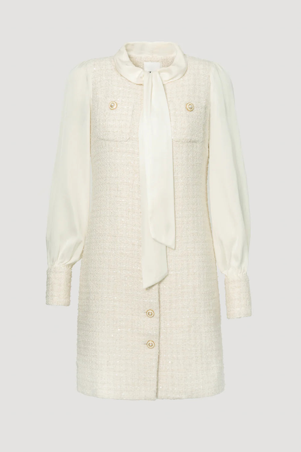 Ivory Weill Paris tweed dress with silk pussy-bow neckline and sheer long sleeves, knee-length romantic classic silhouette