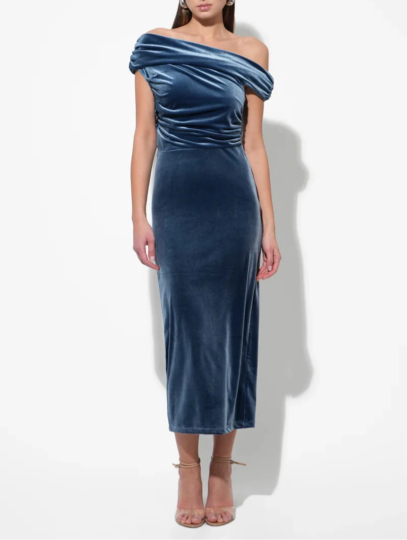 Off-shoulder steel-blue velvet midi dress with ruched bodice and column silhouette—elegant cocktail or wedding-guest style at BTK COLLECTIONS