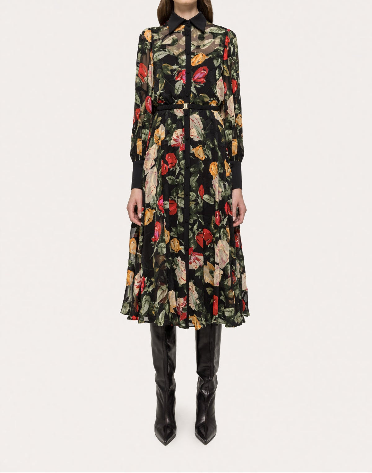 Floral belted chiffon midi dress with long sleeves and a shirt collar by NISSA
