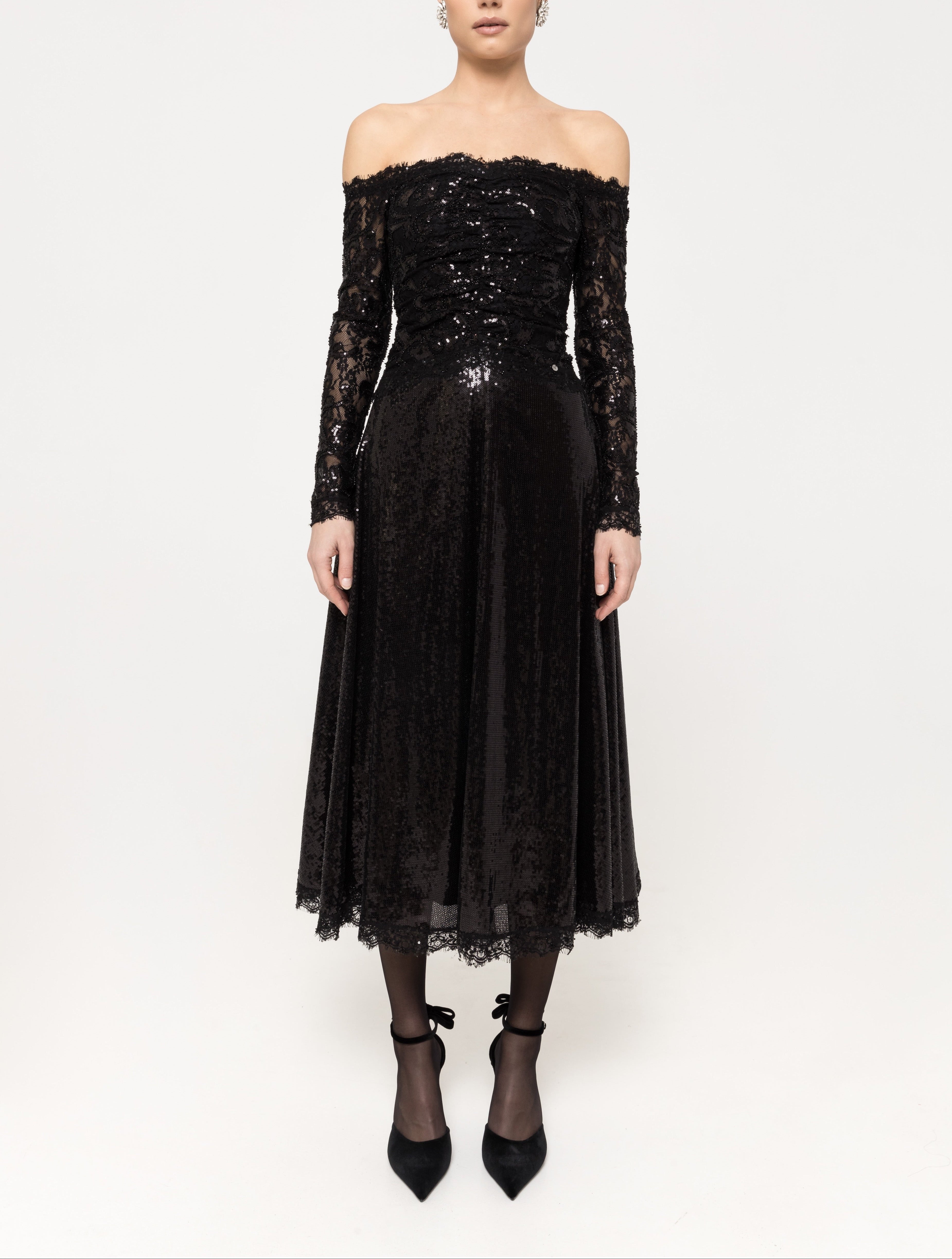 Black Off-Shoulder Sequins Embellished Lace Midi Dress with fully sequined bodice and sleeves, A‑line sequin skirt and scalloped hem.