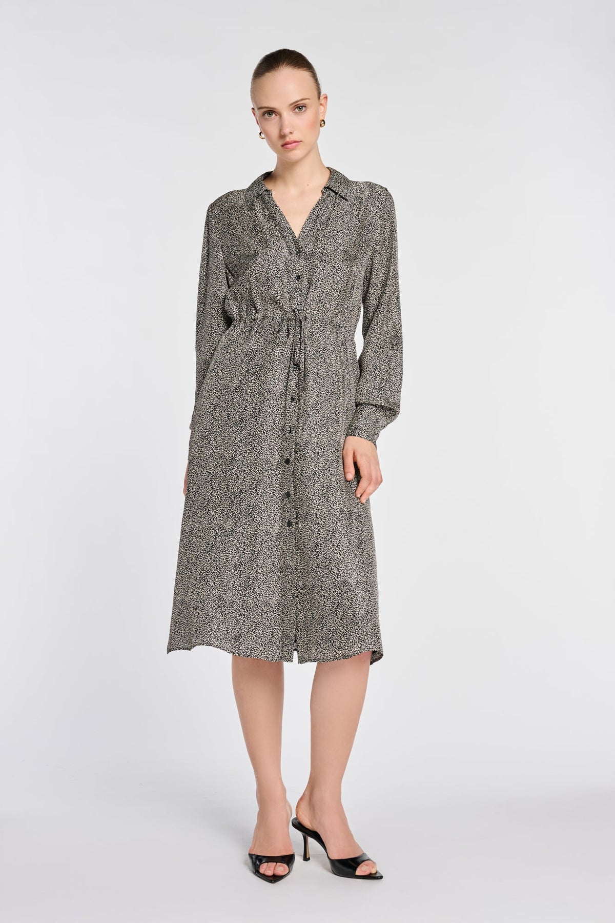 Weill Paris black and ivory leopard print midi shirt dress with long sleeves and drawstring waist, full front view.