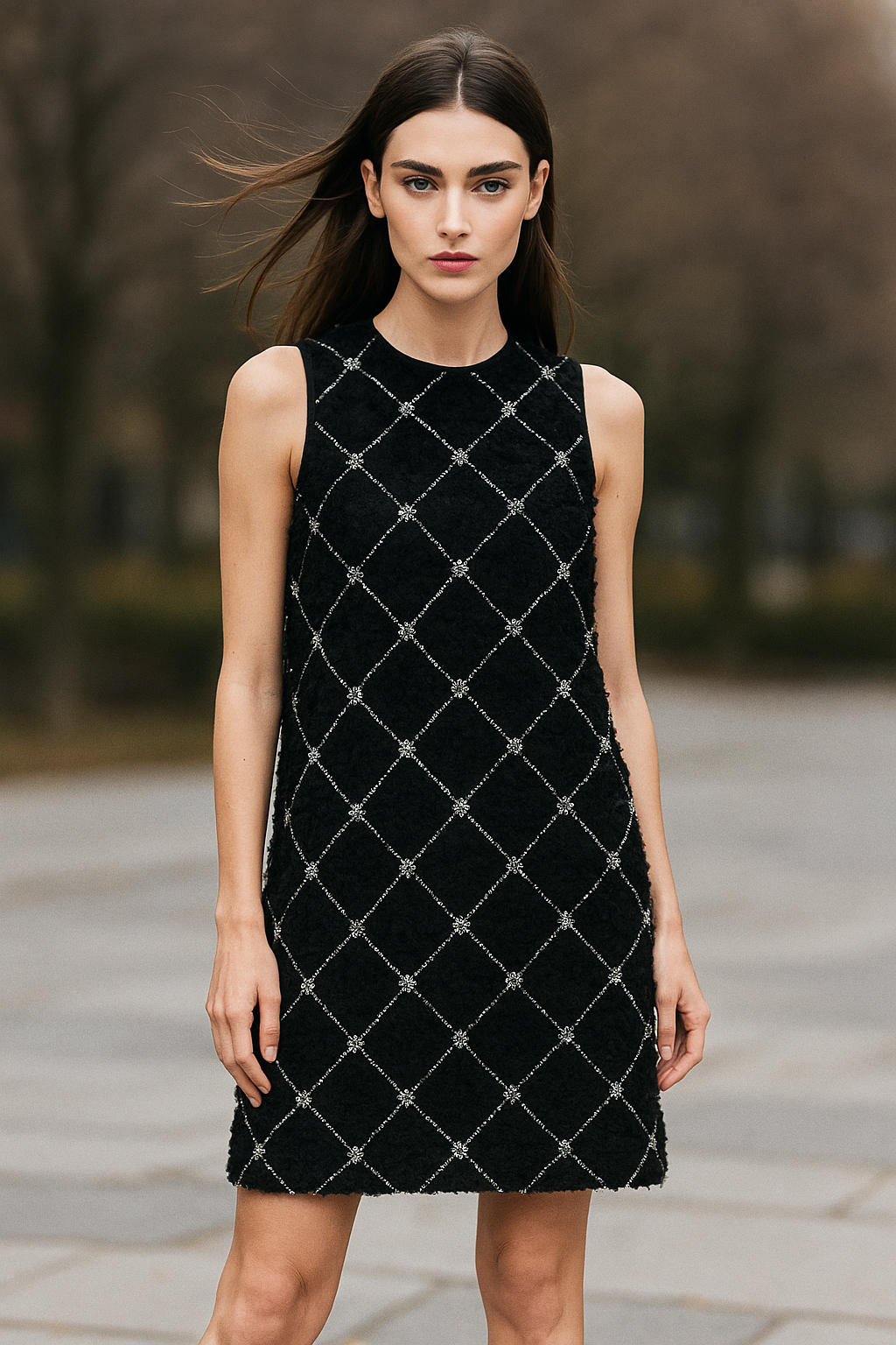 Black sleeveless cocktail dress with diamond pattern and 3D flower texture by EDWARD ACHOUR