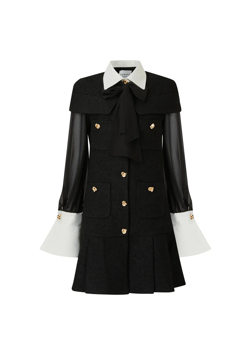 black dress with white lace collar and cuffs White Lace Collar Long Sleeve Black Edwardian Revival Dress Black / XL