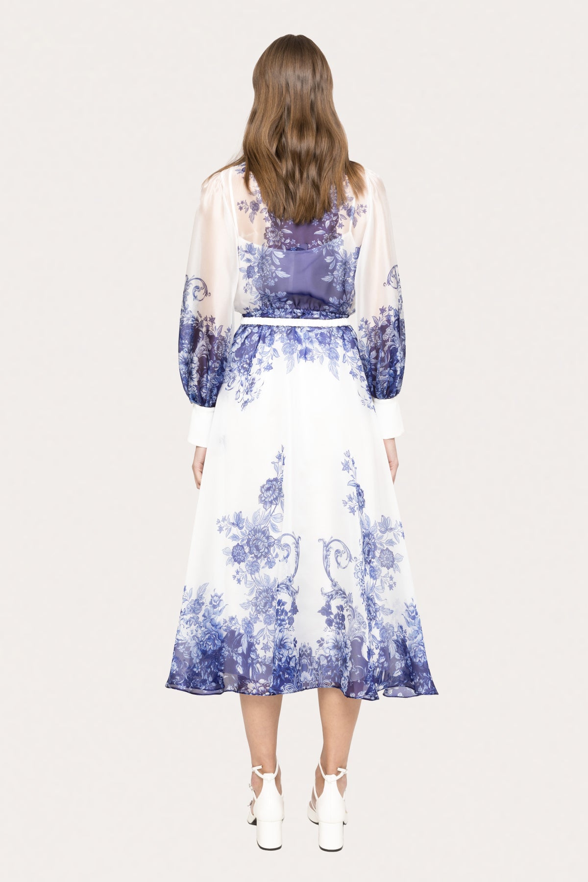 Blue floral print midi shirt dress by NISSA with a belted waist and A-line silhouette