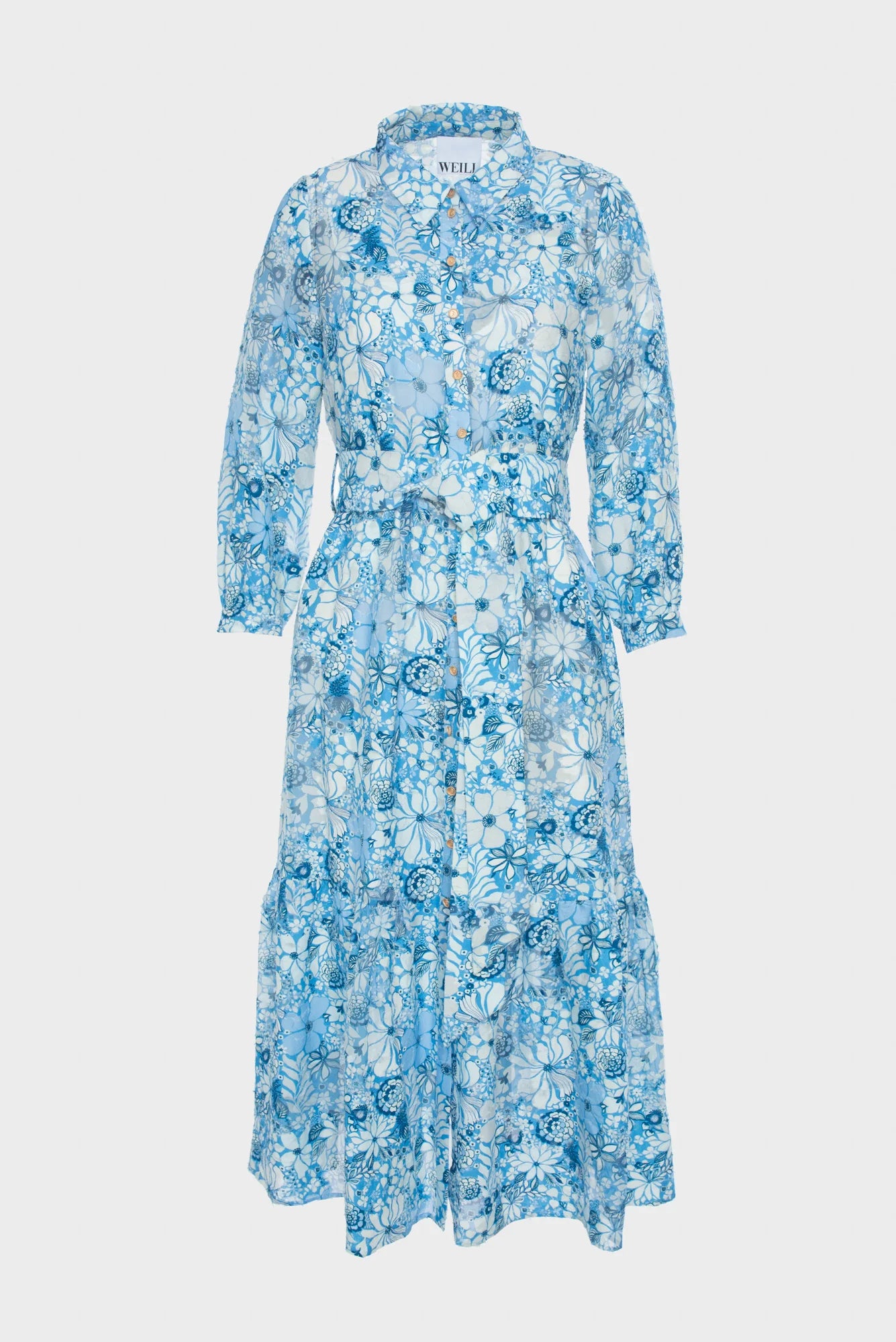 Blue floral silk and cotton midi shirt dress with belt, 3/4 sleeves, and button front