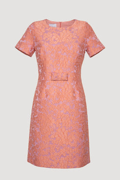 Weill Paris floral jacquard lace dress in pink and lilac with bow waist and short sleeves