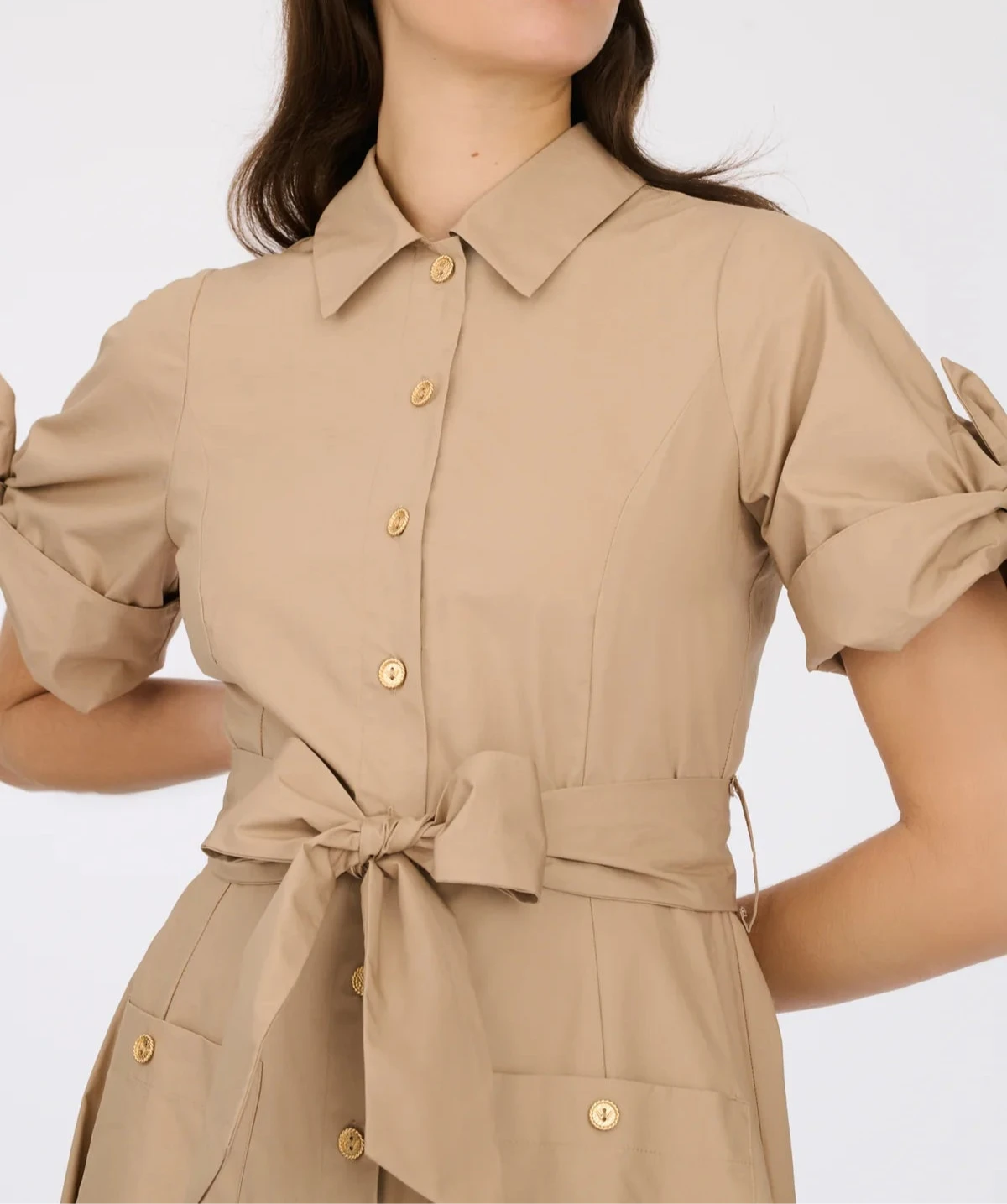 Beige cotton A-line shirt dress with belt by WEILL, featuring long skirt length and elegant style.