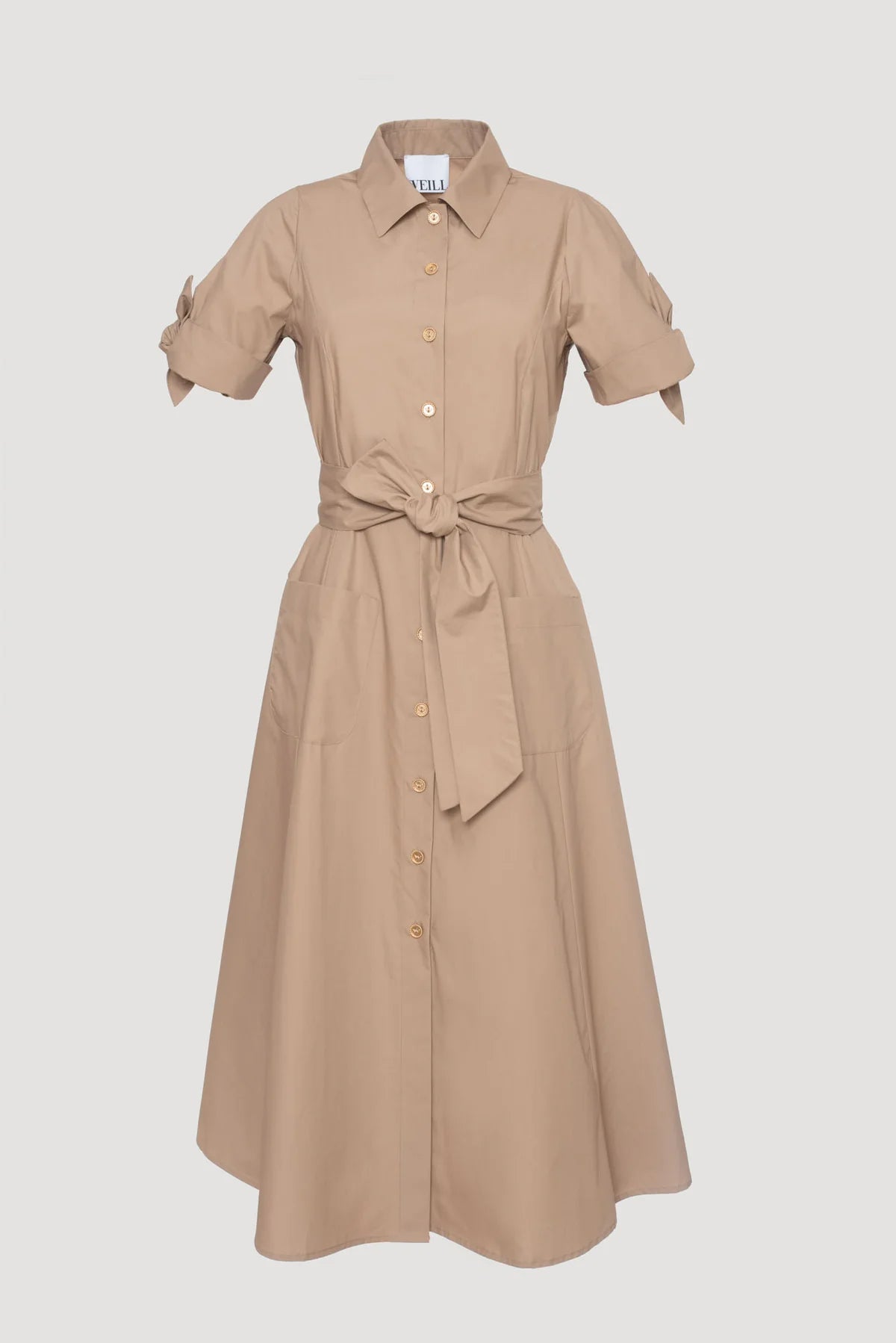 Beige Cotton Midi Shirt Dress with Tie Belt