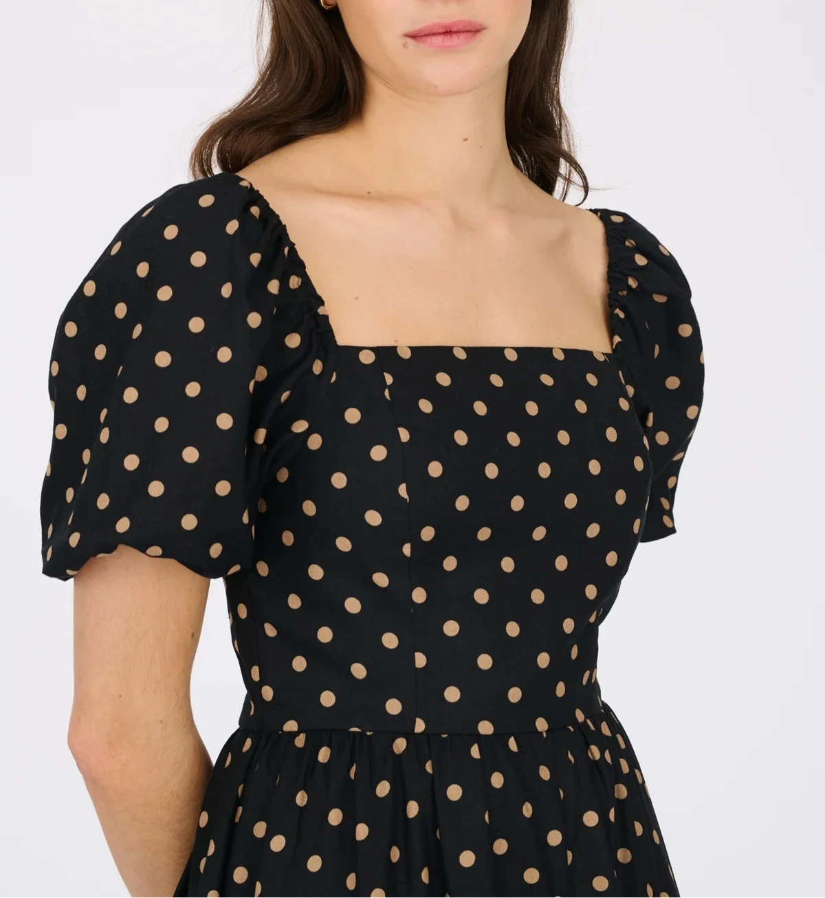 Beige cotton midi dress with black polka dots and short puff sleeves by WEILL