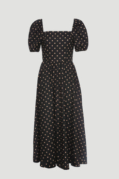 Flat lay of black polka dot midi dress with short puff sleeves and feminine silhouette