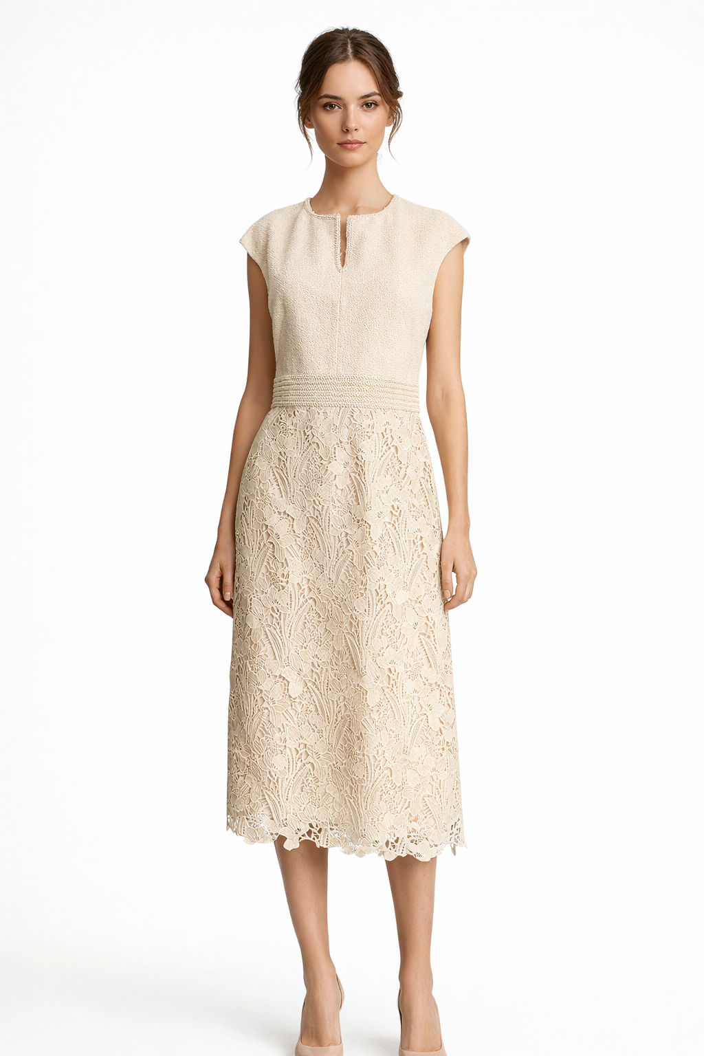 cream lace skirt midi dress with braided waist front view