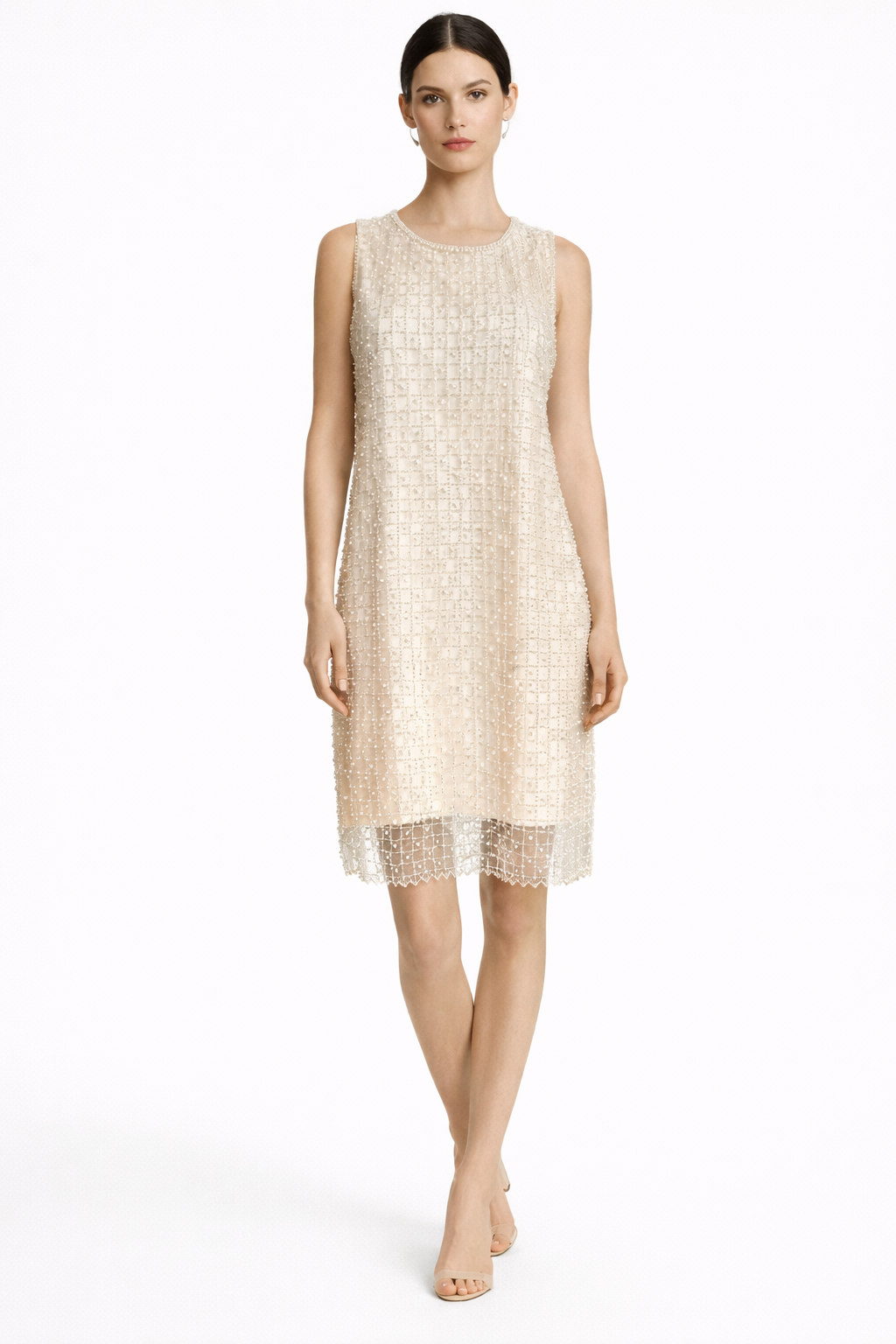 cream pearl embellished shift dress front view