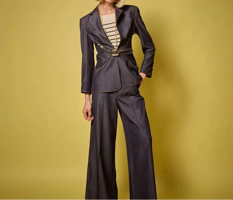Front view of Cut-out Belted Denim Jacket Dark Indigo