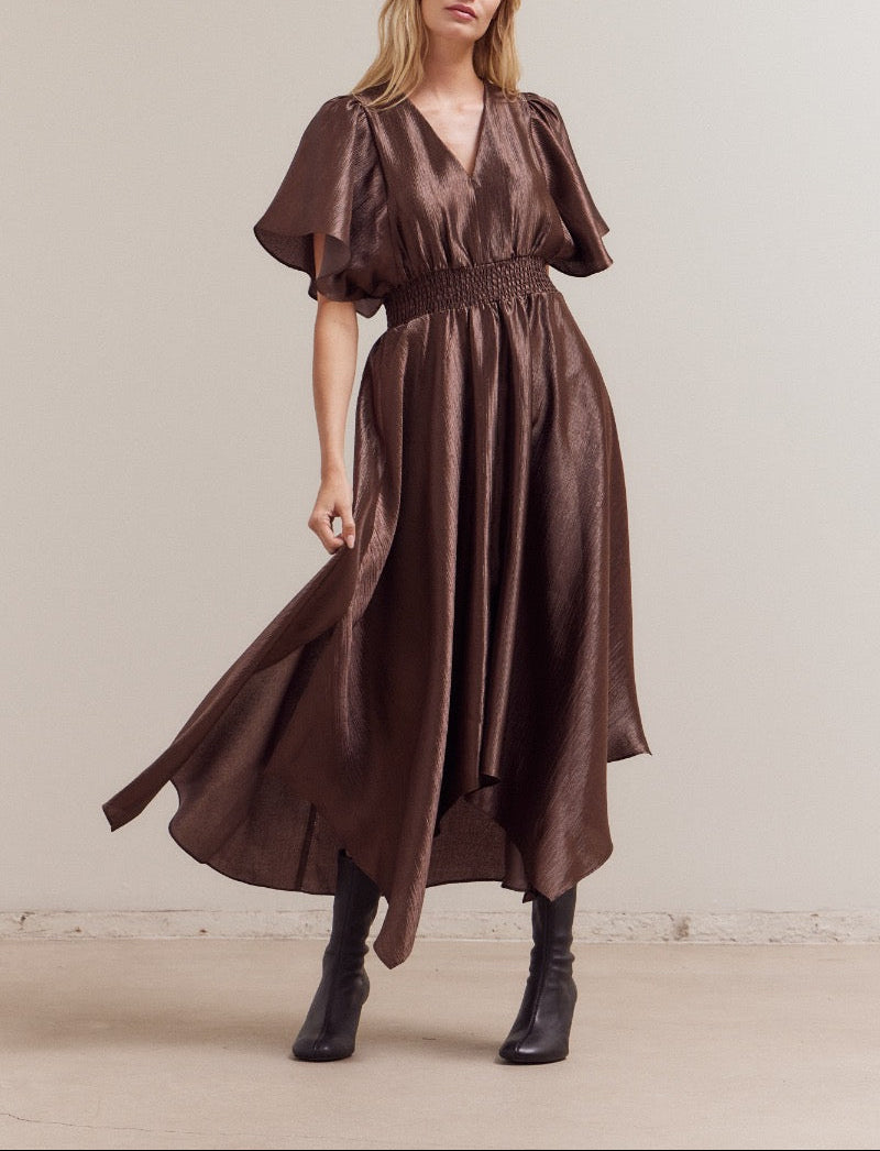 Front angled view of Dark Chocolate satin maxi dress with flutter sleeves