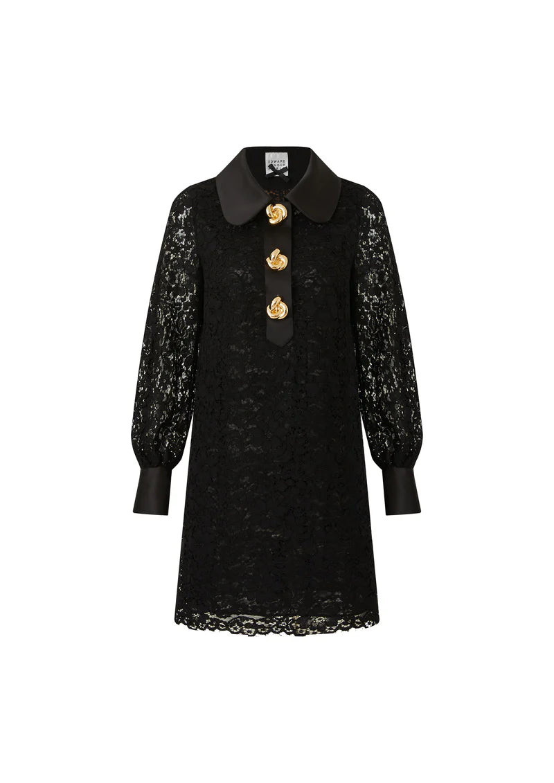 slim fit dress slacks Elegant Black Lace Knee-Length Dress with Gold Button Detail