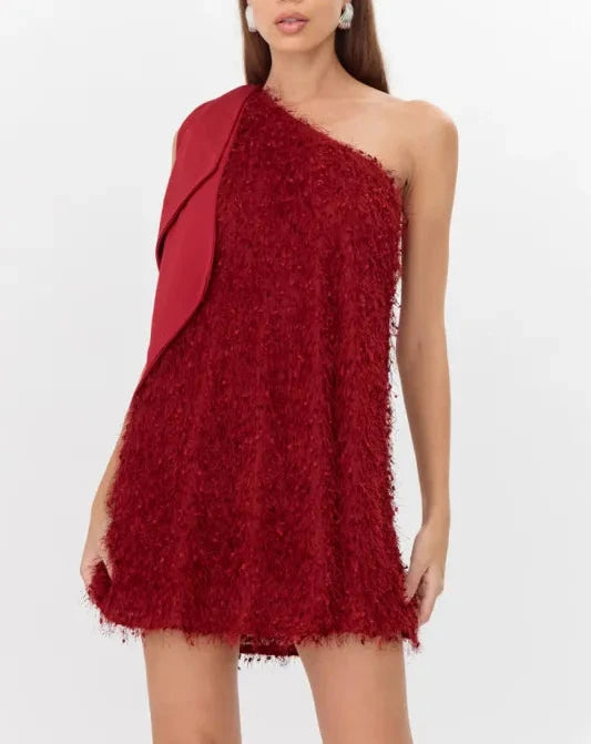 Elisha One Shoulder Fringe Mini Dress| Greylin Collection XL / WINE