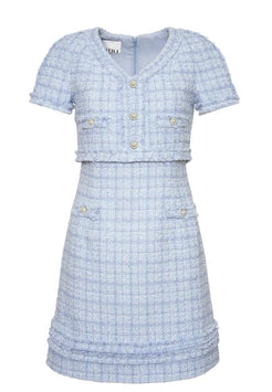Elodie Riviera Blue Pearl Button Tweed Dress by Weill Paris – short sleeve, V-neck, fitted bodice, A-line skirt, classic French style