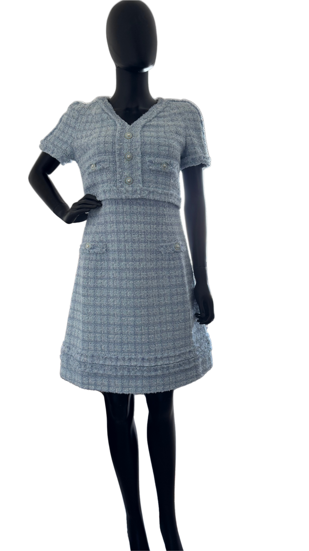 Elodie Riviera Bleu Pearl Button Tweed Dress
