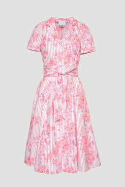Pink floral embroidered shirt dress by Weill Paris with tie belt, short sleeves, and button-down front on striped cotton
