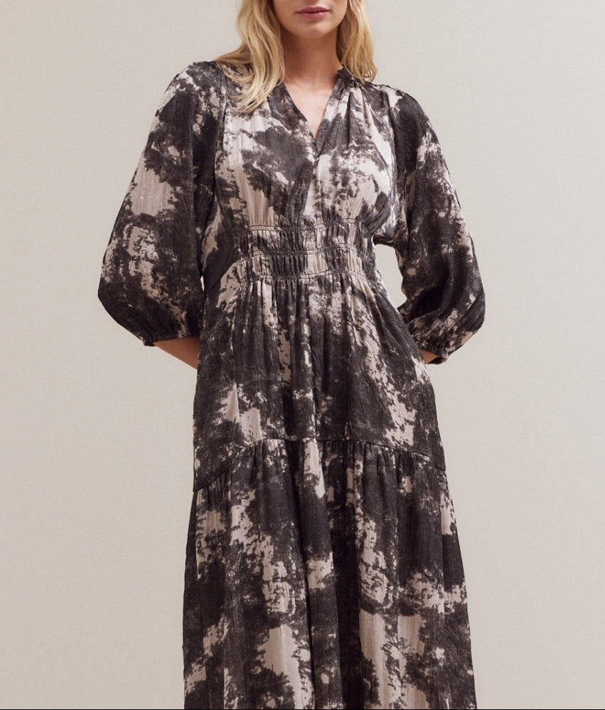 Fawn 3/4 sleeve printed midi dress by GRADE & GATHER, featuring a floral pattern and flowing silhouette
