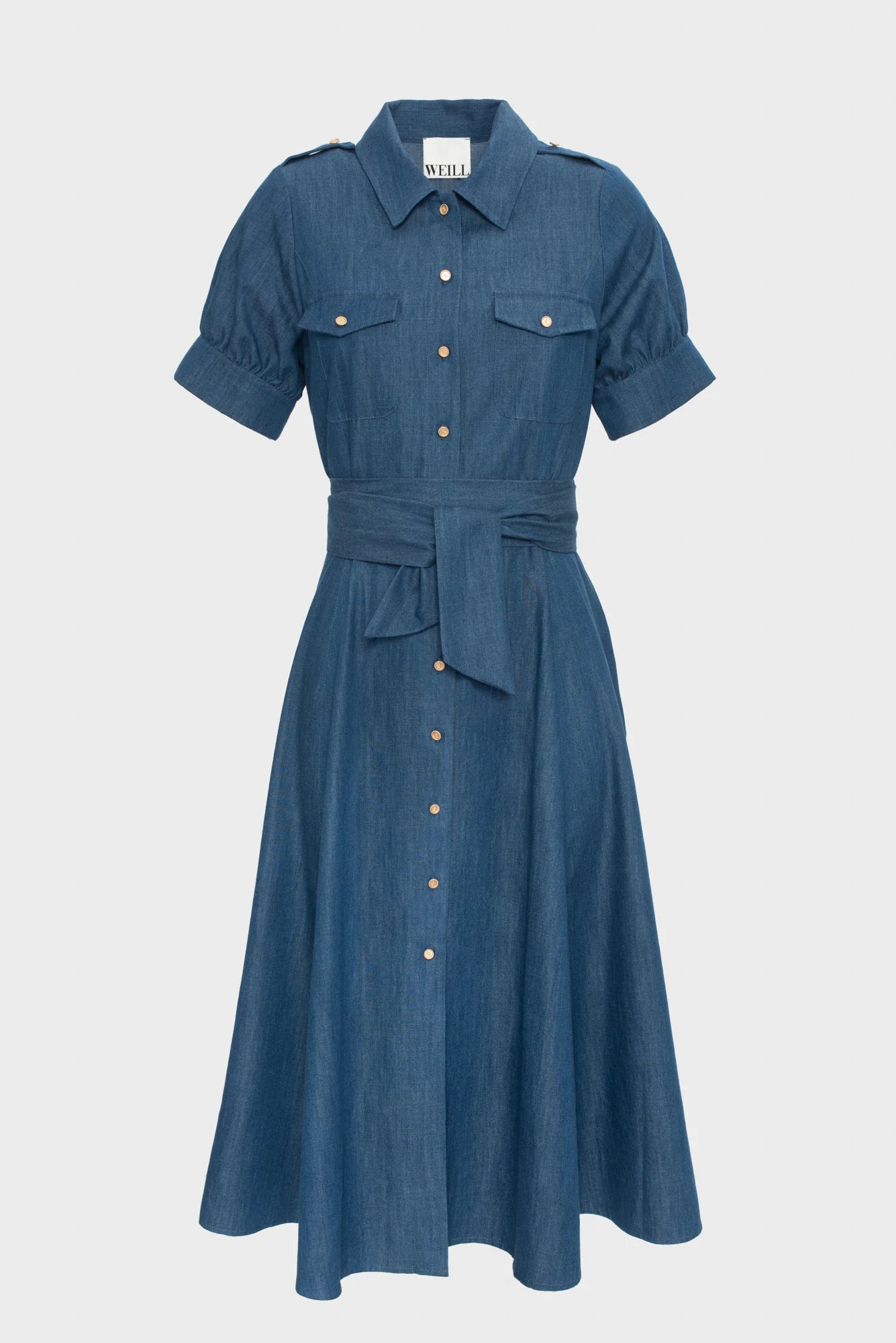 Blue Denim Belted Shirt Midi Dress with Cuffed Short Sleeves 3 / Denim / Midi