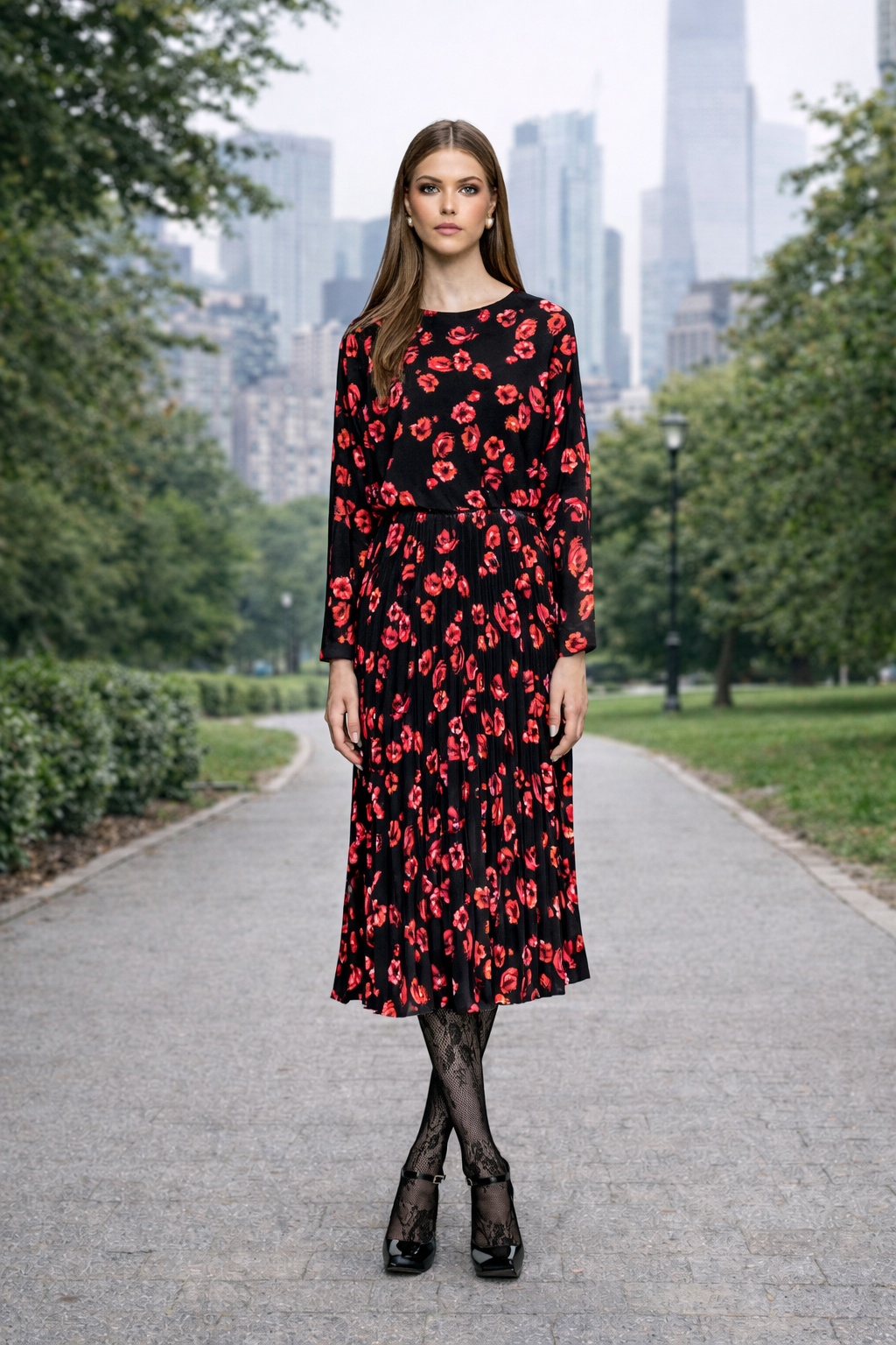 Floral Printed Pleated Midi Dress