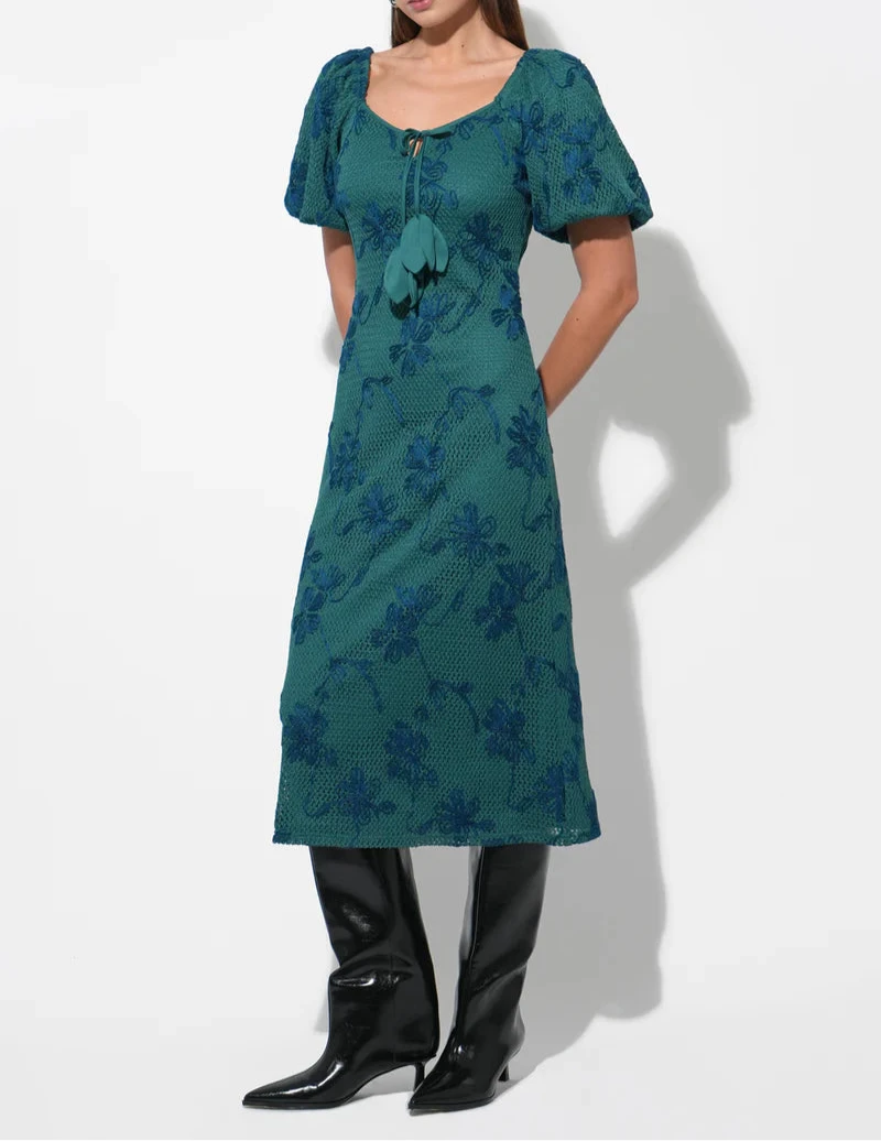Model wearing Green Emerald Anora Knit Midi Dress by Adelyn Rae with puff sleeves, sweetheart neckline, and tonal floral embroidery.