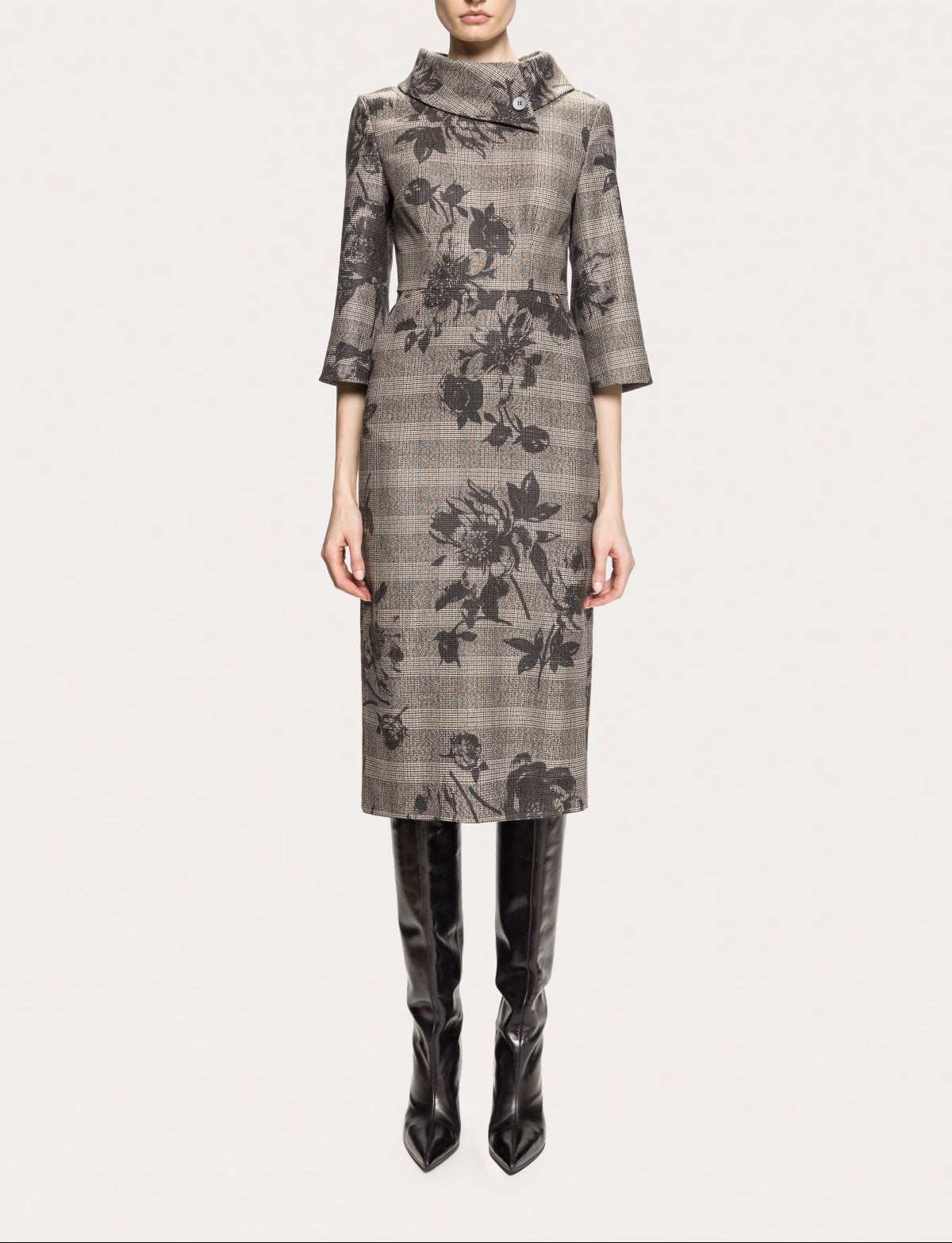 Full front view of NISSA gray floral plaid sheath midi dress with three-quarter sleeves.