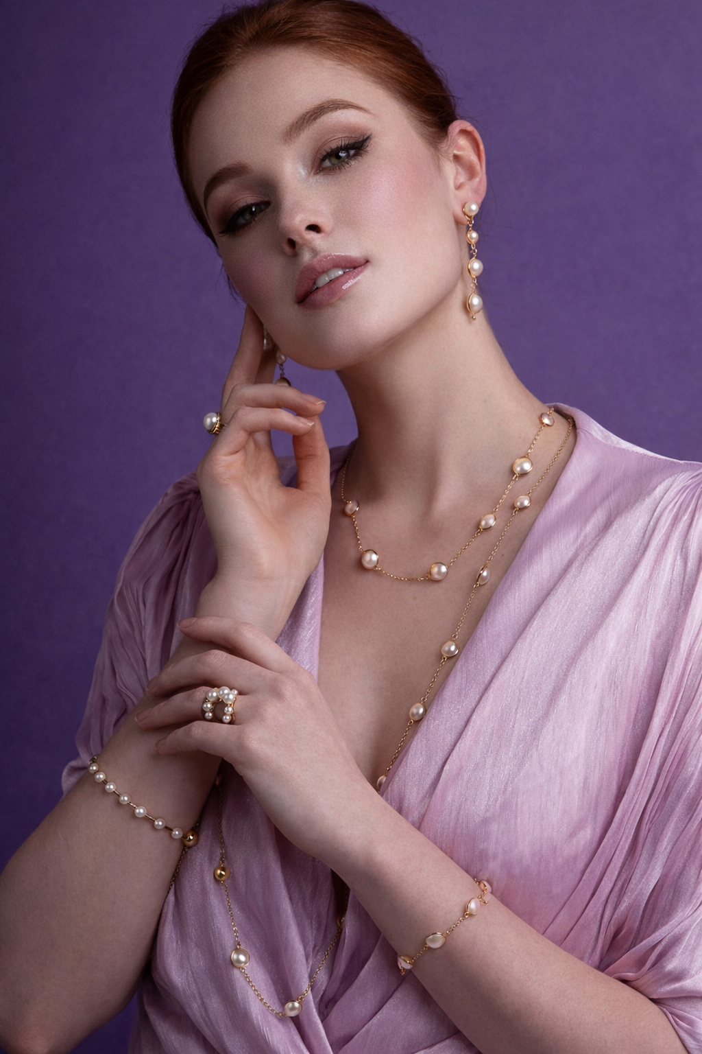 model wearing long pearl chain necklace faux pearls gold chain layered pearl necklace