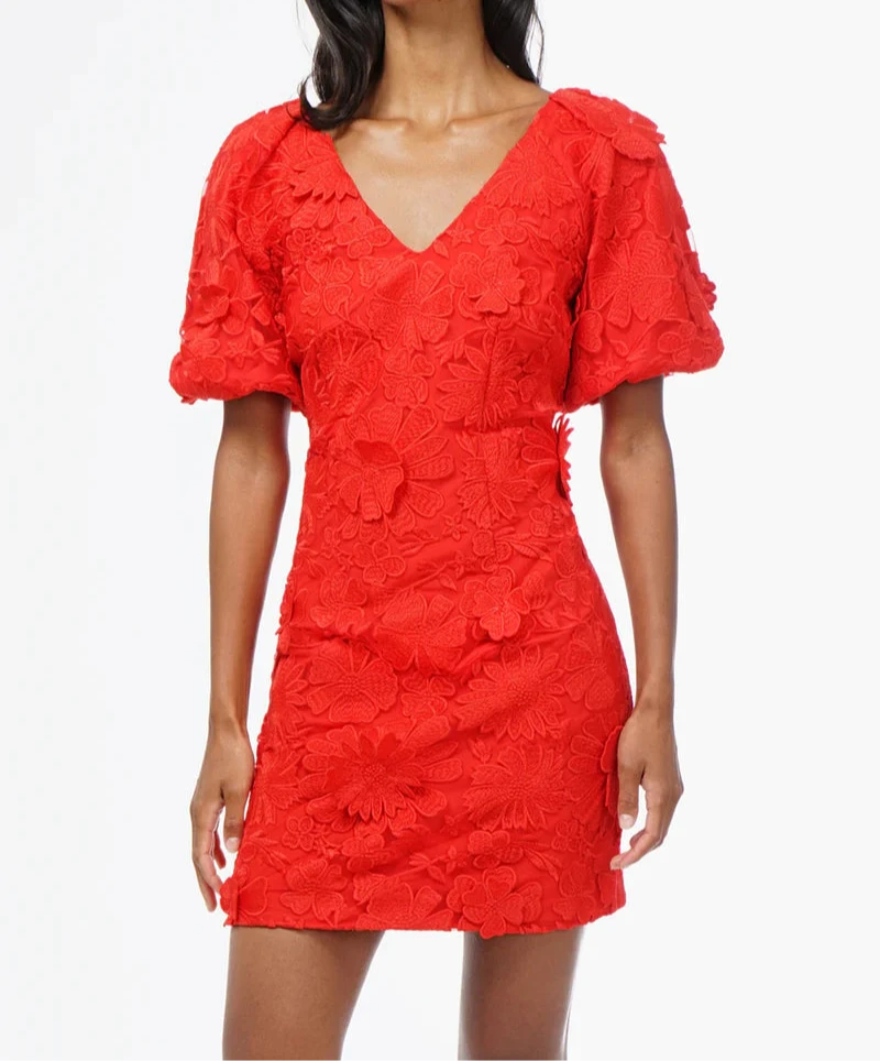 Red mini dress with 3D floral lace and puff sleeves by ADELYN RAE