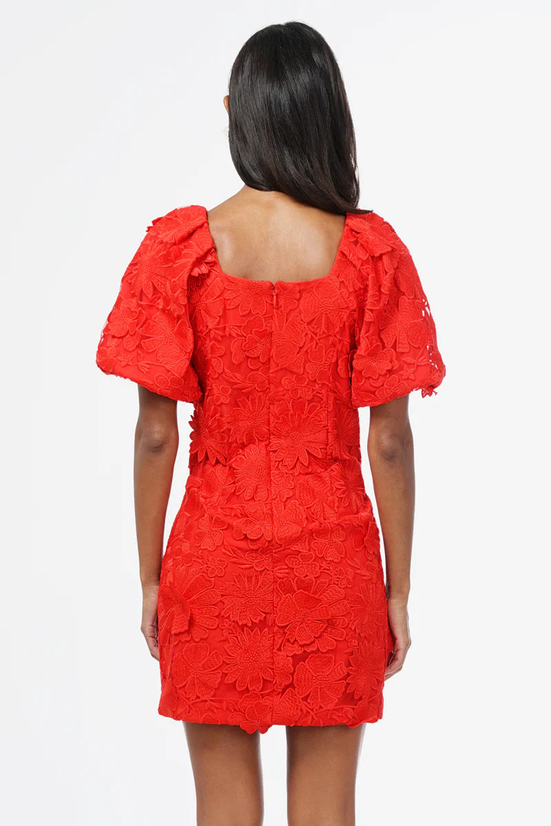Back view of Adelyn Rae Hustina red mini dress featuring puff sleeves and floral embroidered texture