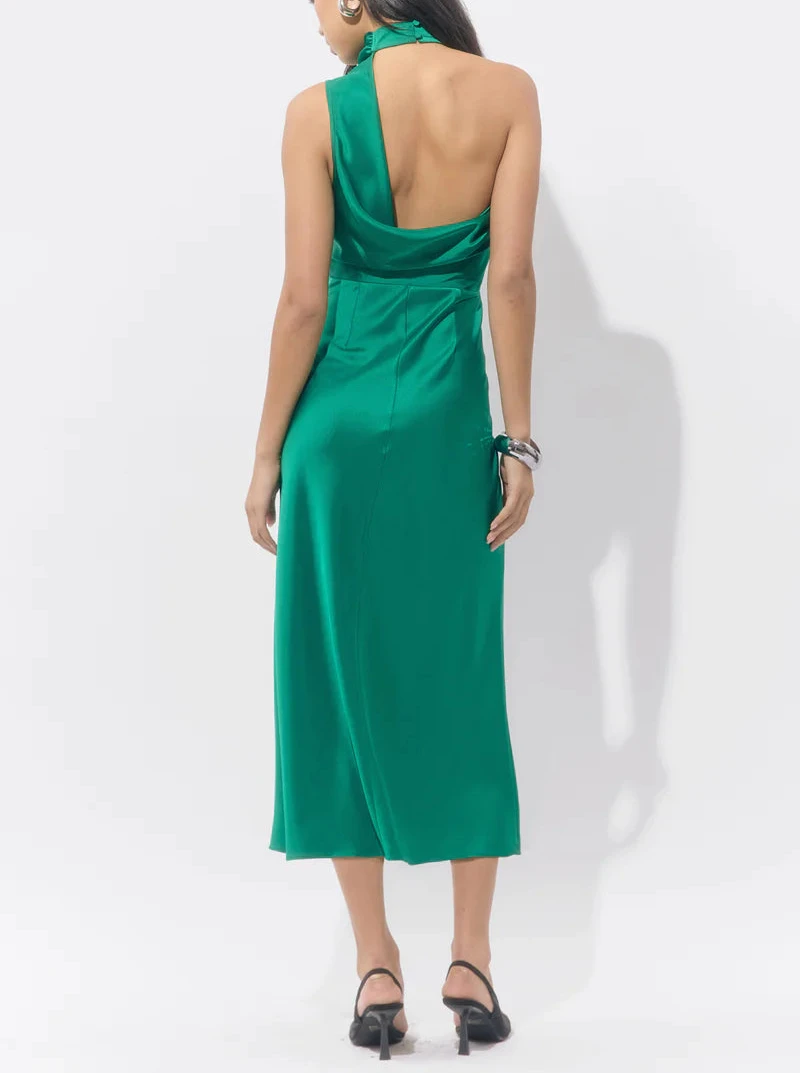 Emerald green satin midi dress with high neck and tailored fit by Adelyn Rae