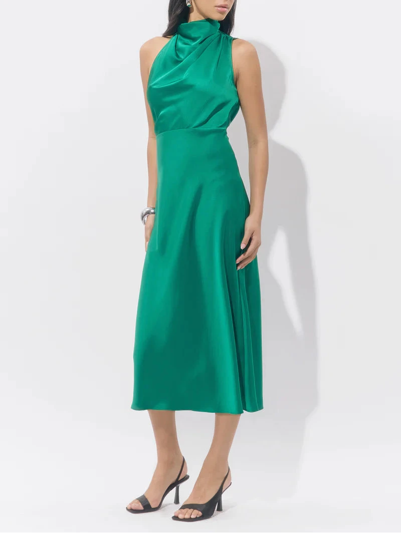 Emerald green satin midi dress with high neck design by Adelyn Rae