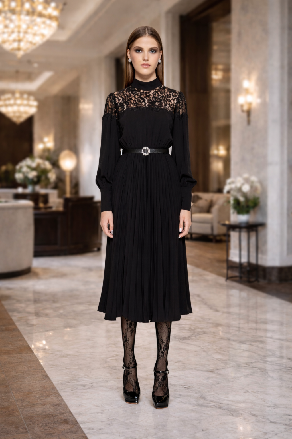 Lace Insert Pleated Midi Dress