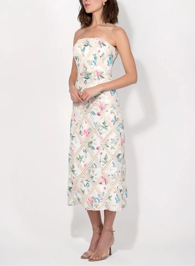 Dreamy strapless floral crochet midi dress perfect for daytime weddings