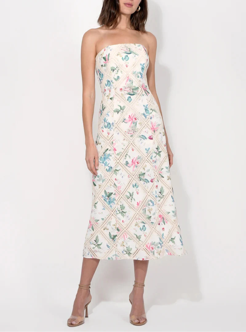 Elegant flare hem strapless floral midi dress with crochet detailing