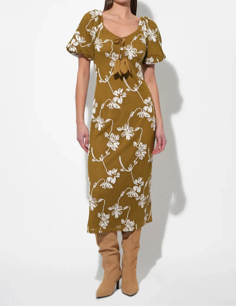 Anora Knit Midi Dress-Puff Sleeve Floral Embroidered| BTK COLLECTIONS