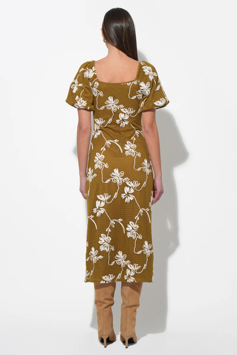 Back view of moss floral knit midi dress with square back neckline and straight column fit.